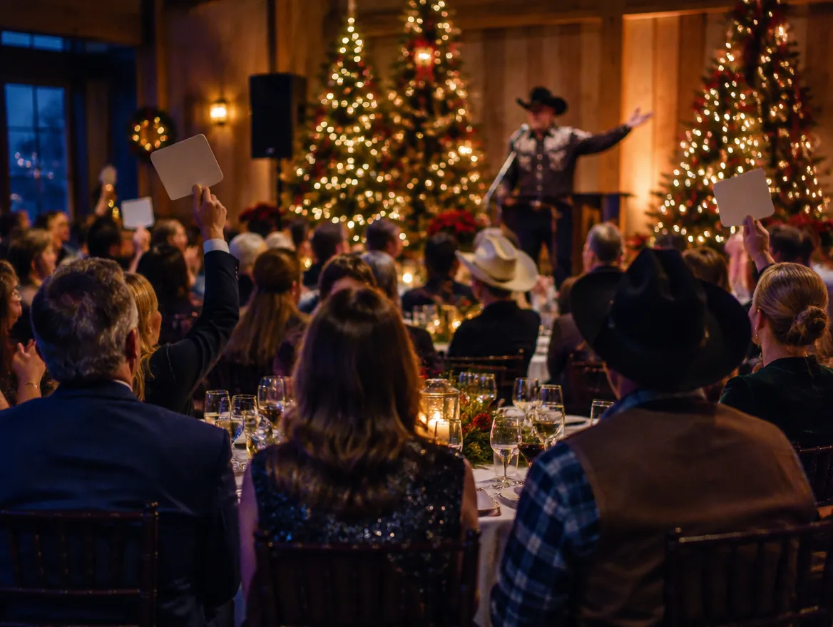 Bid paddles raised at dinner tables while an auctioneer works the stage