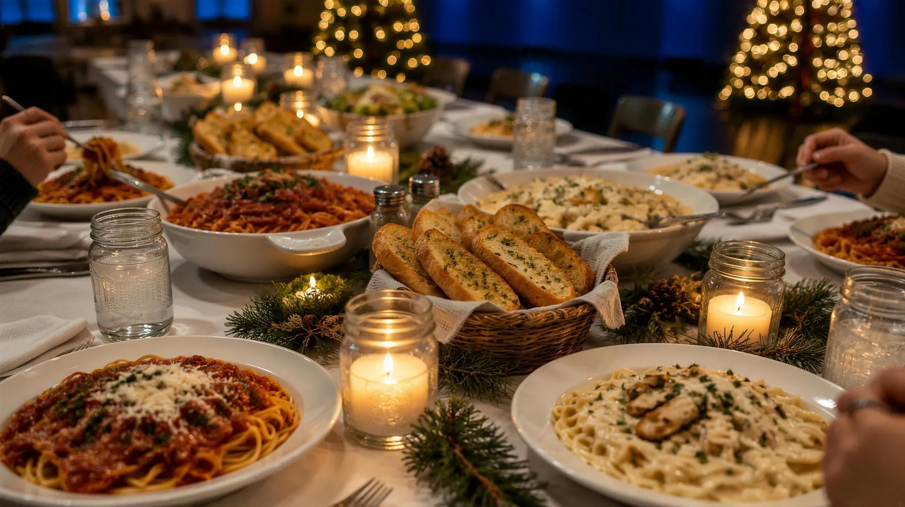 Bowls of spaghetti and chicken alfredo, garlic bread, and candles on a white tablecloth