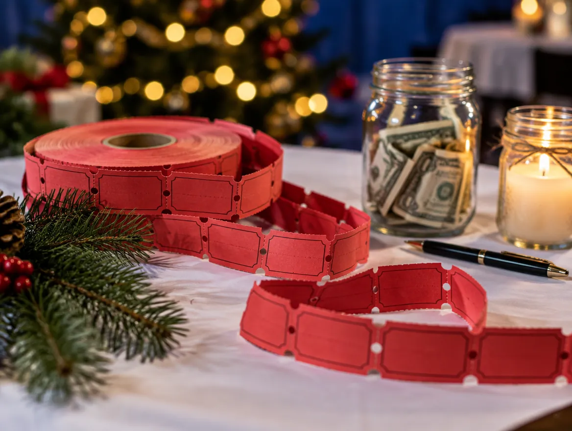 A roll of raffle tickets on a tablecloth beside a jar of cash and a candle
