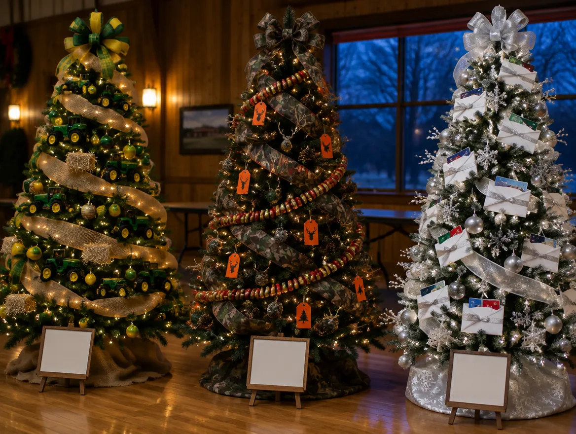 Three business-themed Christmas trees: tractors and burlap, camo and hunting tags, silver with gift cards