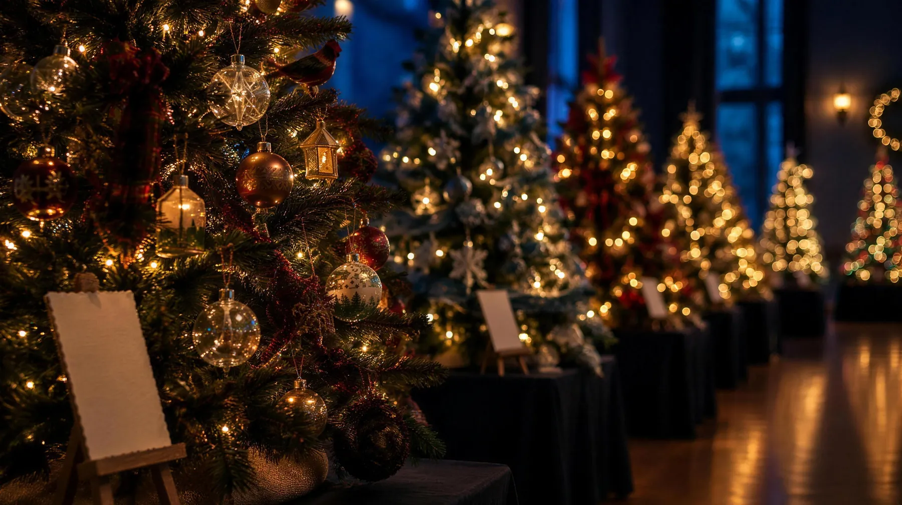 A row of decorated Christmas trees, each with a placard on an easel